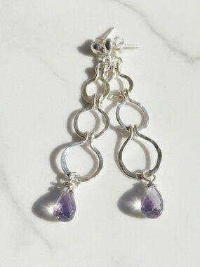 Handmade Hammered Silver and Lab-made Amethyst Earrings